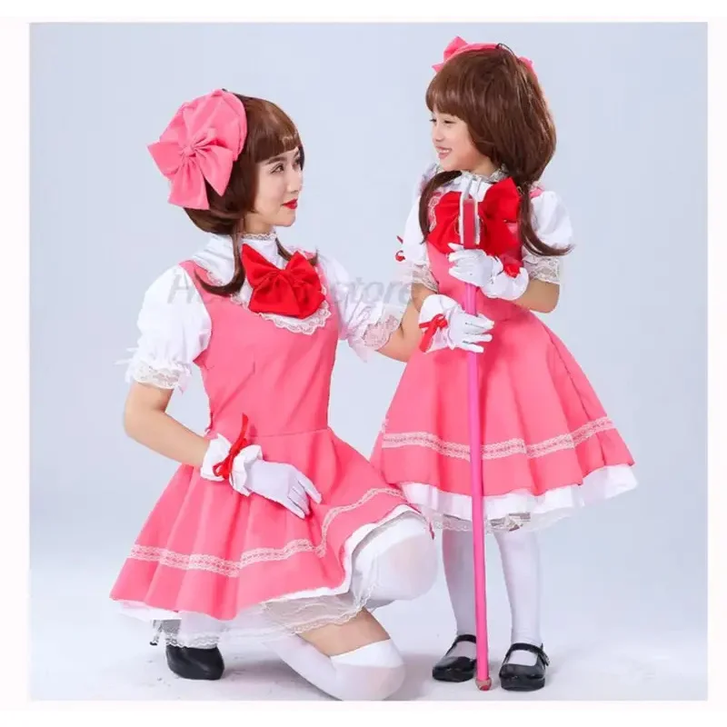 Anime girls pink carcaptor Sakura princess dress cosplay costume lolita dress for kid card combat uniform apron dress with hat