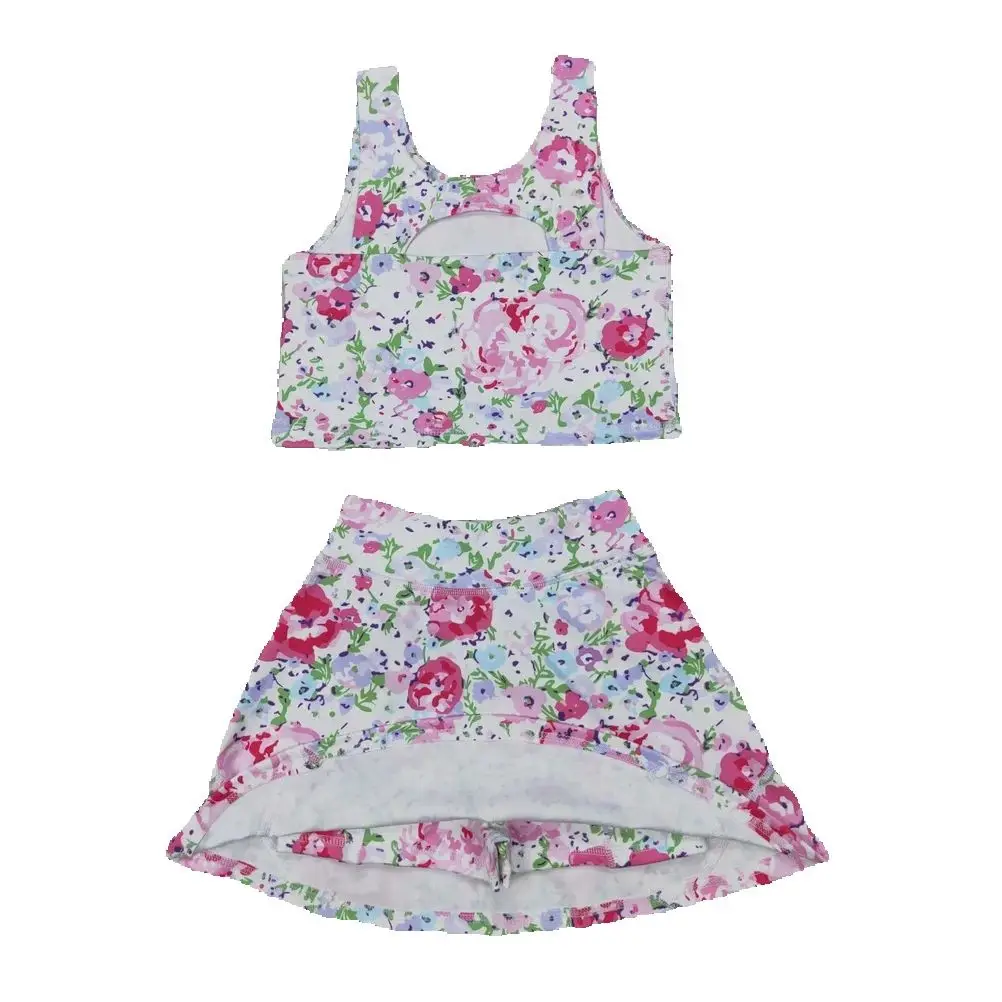 

Hot Sale Baby Girls Swimsuits Knit Knee Length Athletic Dresses Boutique Kids Pink Floral Clothes Girls Active Wear Dresses Sets