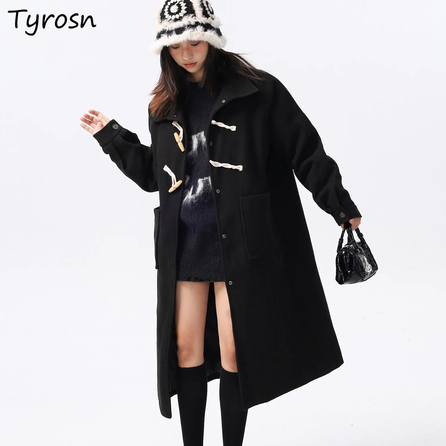 

Черные смешанные женские длинные пальто Хепберн с роговой пуговицей, корейская мода, элегантная свободная универсальная верхняя одежда для улицы, большие карманы