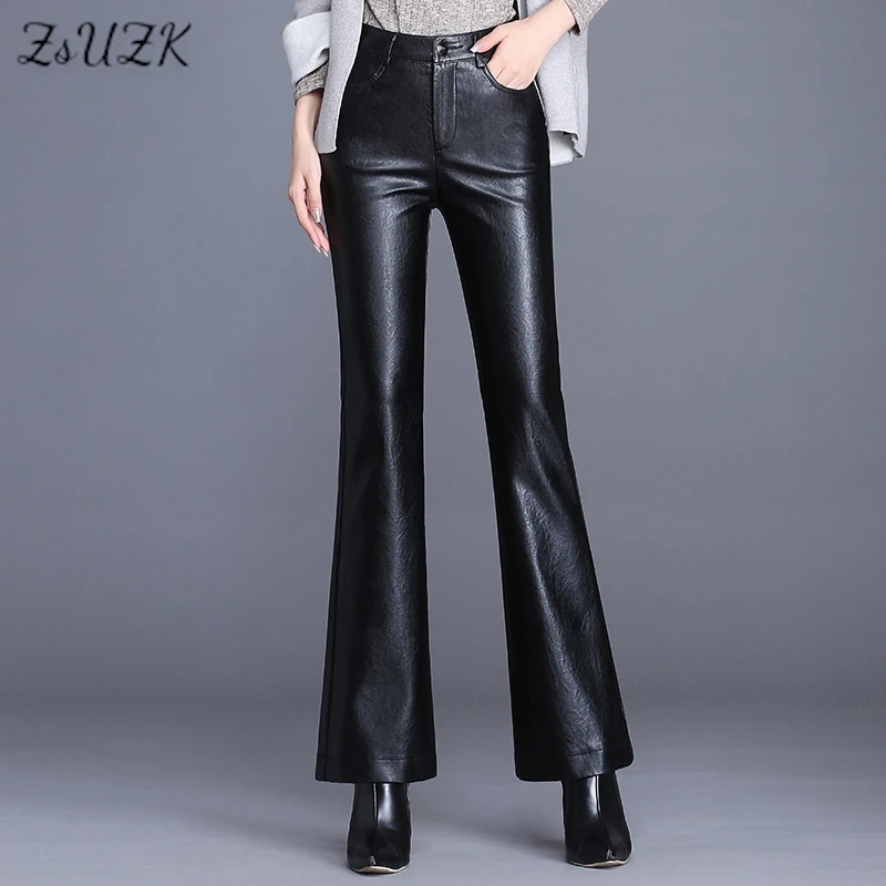 Women PU Leather Flared Trousers Female Autumn Winter Leather Pants High Waist Slim Streetwear Trousers Motorcycle Leather Pants