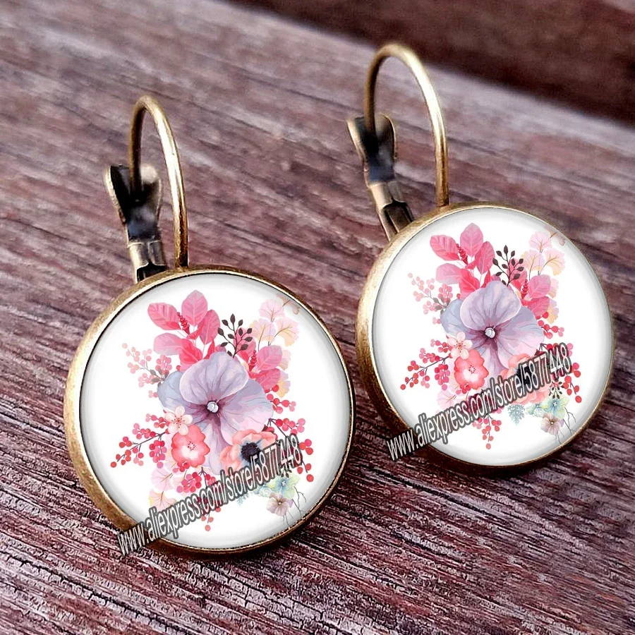 Pink Rose Flower Women Stud Earrings Beautiful Peony Flower Mother Earrings Mixed Flowers Glass Cabochon Earrings Gift for Women