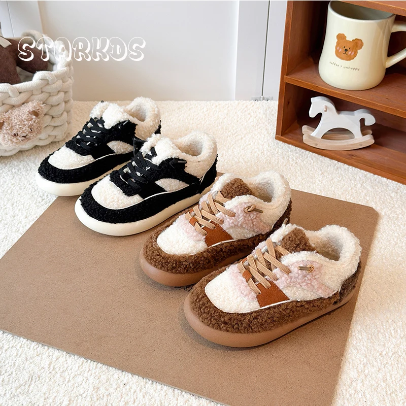 

Brand Design Teddy Fur Sneakers Kid Girl Winter Lambswool Sport Shoes Child Boy Warm Plush Casual Elastic Lace School Shoes