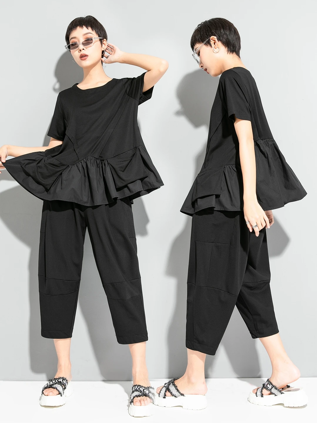 

Design Sensation ort Sve T-irt Street Sle Loose Fit Patchwork Irregular Large Size A-Frame Top Women's Faion