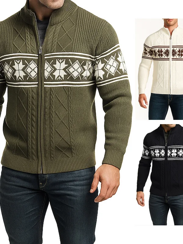 

Мужской вязаный кардиган на молнии с вышивкой, больших размеров, осенне-зимний, повседневный, с длинным рукавом, воротником-стойкой, из полиэстера
