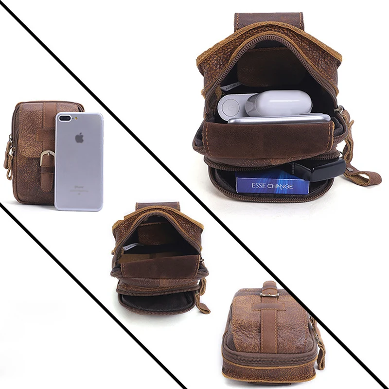 Retro Waist Bag Vintage Wallets Solid First Layer Cowhide Genuine Leather Wallet Basic Daily Zipper Purse Casual Men Phone Bags