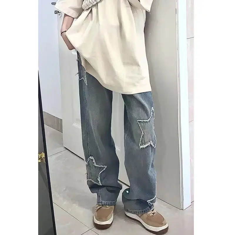 Hohe Taille, weites Bein, Jeans für Damen, Star Patch, Bf Sle, lockere, schlanke, gerade geschnittene Hose, High Street Trend Denim-Hose