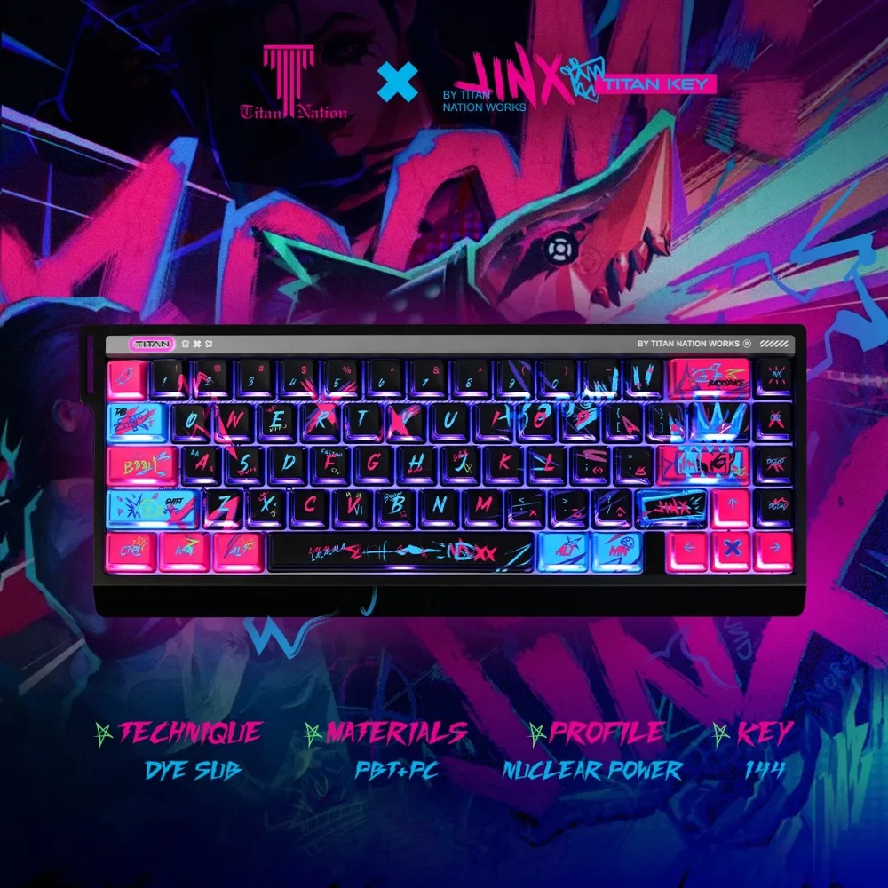 

Колпачки для клавиш в стиле аниме Jinx, оригинальная высота, вишневый профиль с боковой гравировкой, полупрозрачные на заказ PBT, аксессуары для ПК для подарков 60/68/75