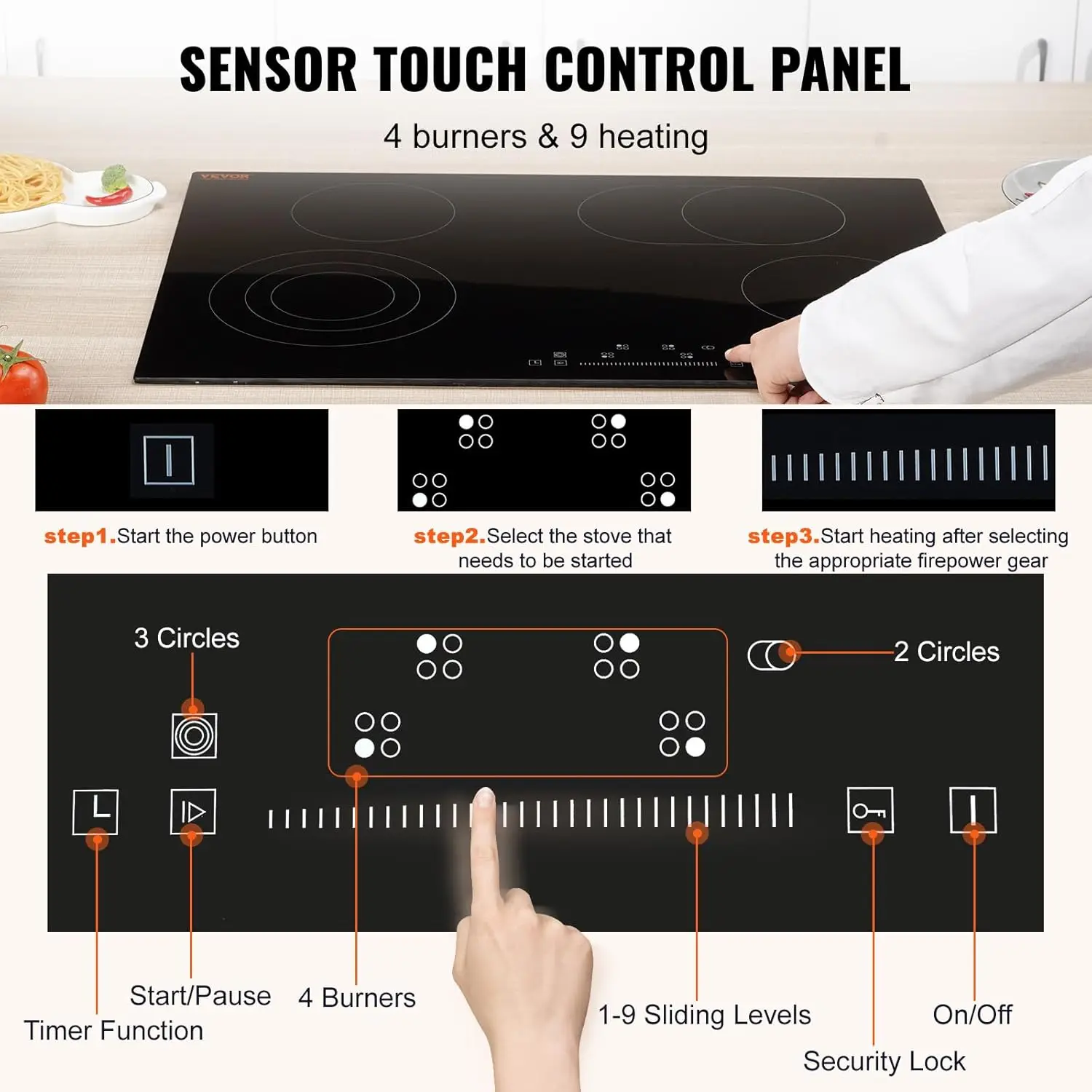 Electric Stove Top 30 Inch,4 Burners Electric Cooktop,9 Power Levels & Sensor Touch Control,Easy to Clean Ceramic Glass Surface