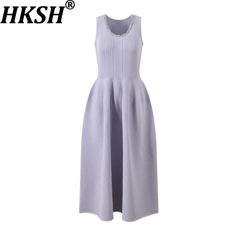 

HKSH Summer New Women's Ins Tide Chic High Street Elegant Fashion Casual O-Neck Studded Diamonds Sleeveless Pleated Dress HK7592
