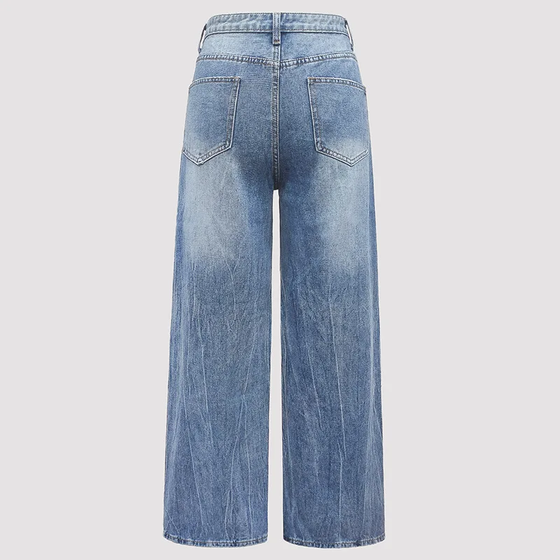 Autumn Women's Beading Jeans High Waist Blue Washed Straight Leg Trouser American Fashion High Street Retro Pearl Denim Pants