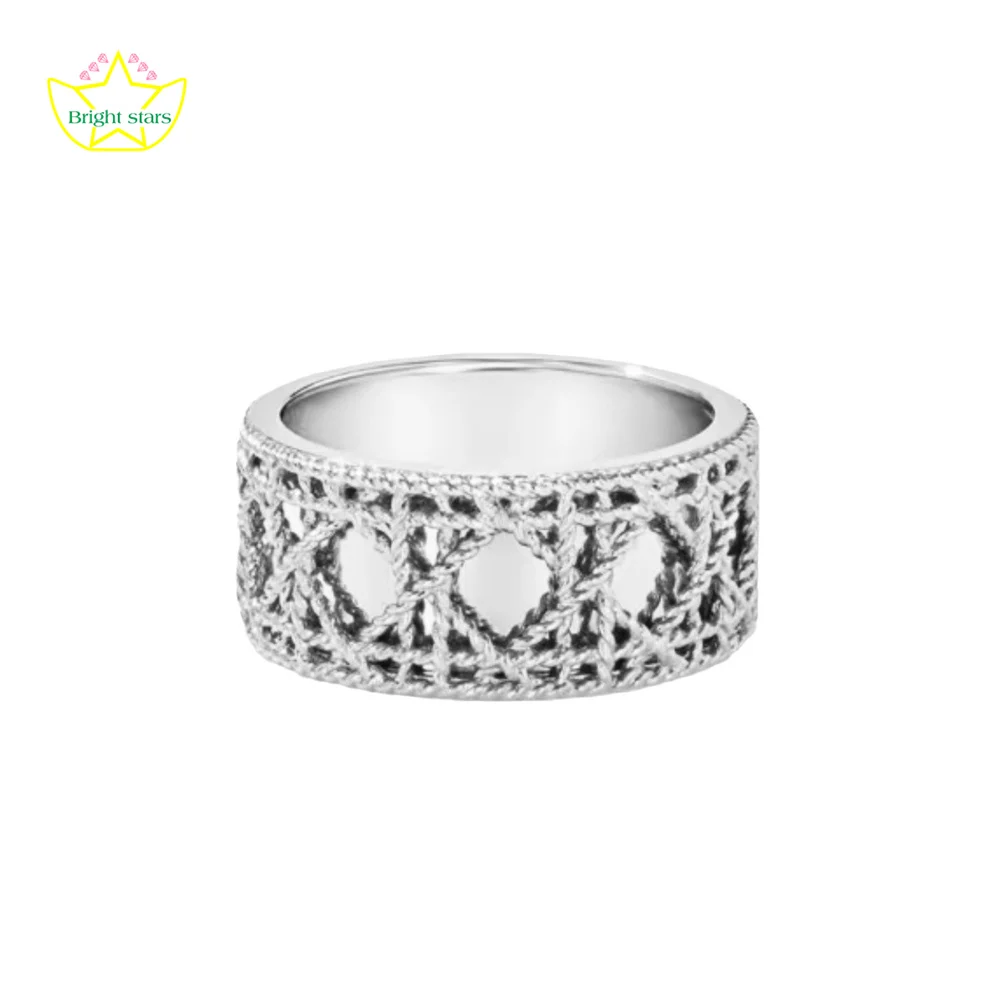 

Bright Stars S925 rattan checkered smooth white gold ring light luxury rings for women