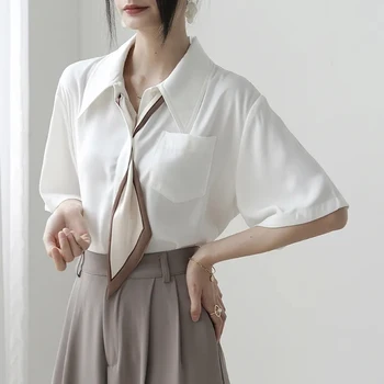 오피스 레이디 시크한 타이 시폰 블라우스, 우아한 반팔, 루즈한 한국 셔츠, 캐주얼 턴 다운 칼라, 패션 화이트 상의, 여름 Best5 오피스 레이디 시크한 타이 시폰 블라우스, 우아한 반팔, 루즈한 한국 셔츠, 캐주얼 턴 다운 칼라, 패션 화이트 상의, 여름 Best5