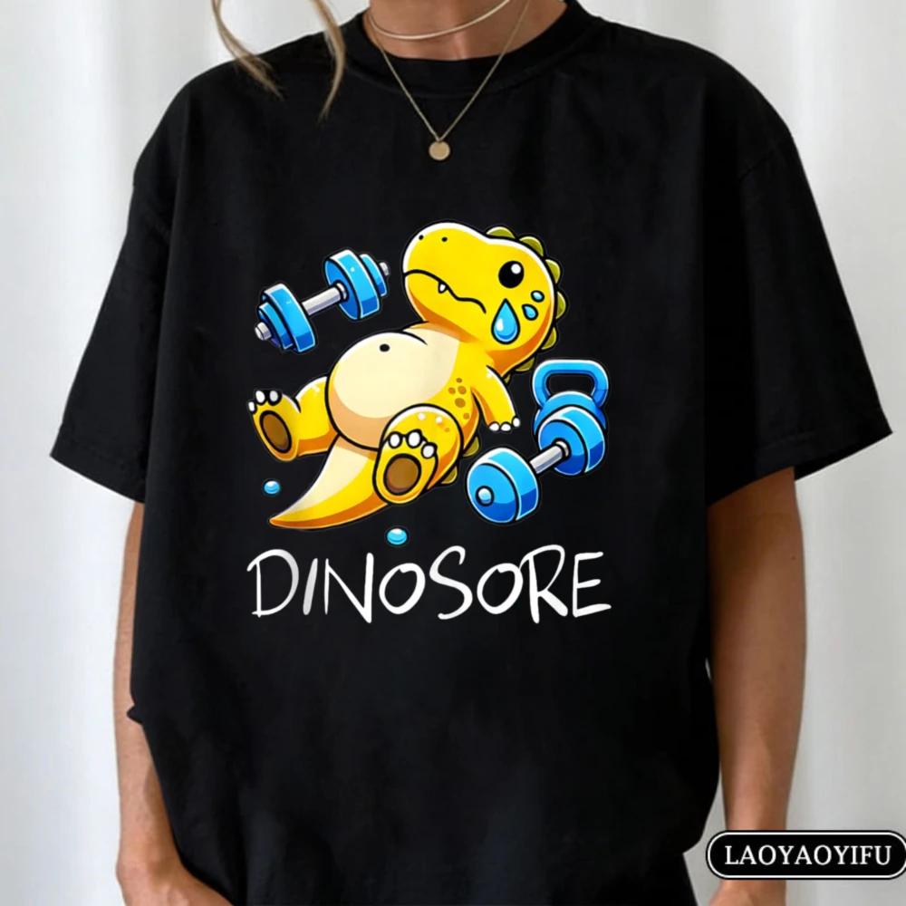 DinoSore Funny Gym Dino Lifting Dumbbells Mens Cotton O-Neck Tee Workout Fitness Humor Lifting Casual Short Sleeve Graphic Tops