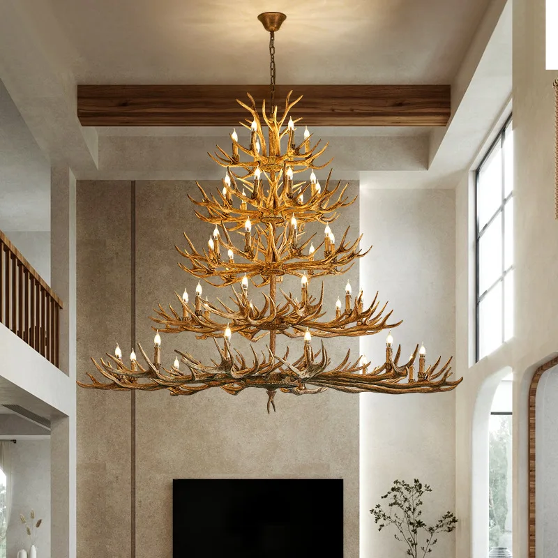 

American Retro Antler LED Chandeliers Creative loft Decor Resin Pendant Lamps for Living Dining Room Hotel Art Lighting Fixtures