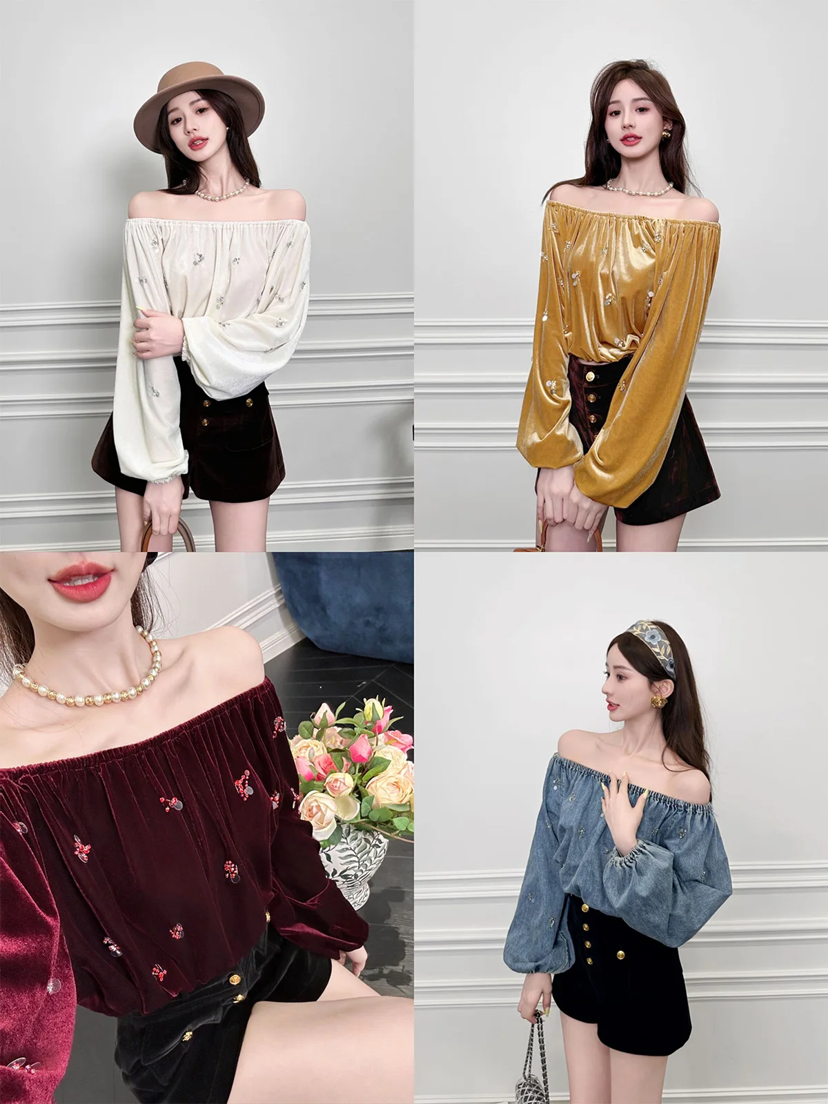 

Изысканная женская блузка ручной работы с бисером в стиле ретро, универсальная, на одно плечо, от Юй Сяосяо, свободного кроя, с длинными рукавами, из полиэстера, цвета беж...