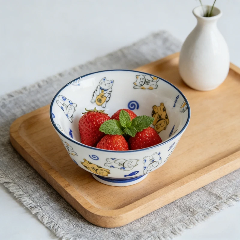 

Japanese Fresh Cute Hand Painted Lucky Cat Bowls Plates Set Rice Soup Bowl Small Deep Large Plate Home Kitchen Dinner Tableware