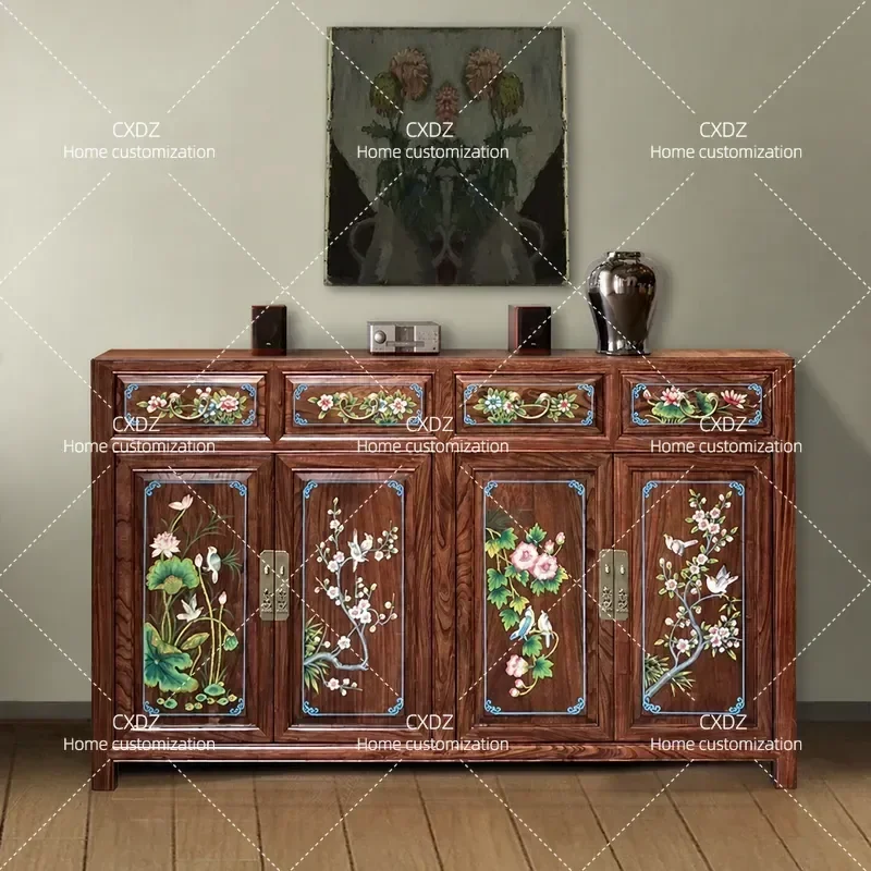 New Chinese Style Solid Elm Wood Side Cabinet Painted Entrance Storage Console with Simple Drawers Living Room Flower and