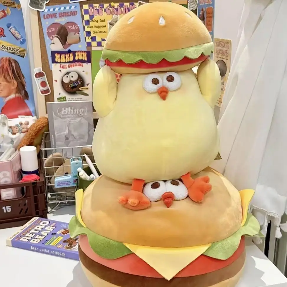 Cute Hamburger Chick Plush Toy Set 2pcs Soft Stuffed Chicken Doll Funny Burger‑Shaped Plush Pillow Home Sofa Decor Gift for Kids