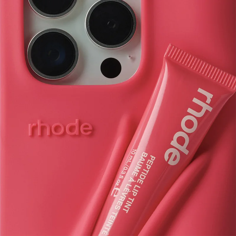 Capa de telefone de brilho labial de silicone, suporte traseiro para iPhone, esmalte labial popular, estojo adesivo, batom rosa e cinza