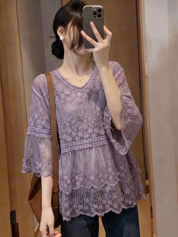 

Purple Lace V-neck Shoulder-baring Women's Shirts Summer 2026 New Style plus Size Outerwear Trendy Top Commute Korean Loose Fit