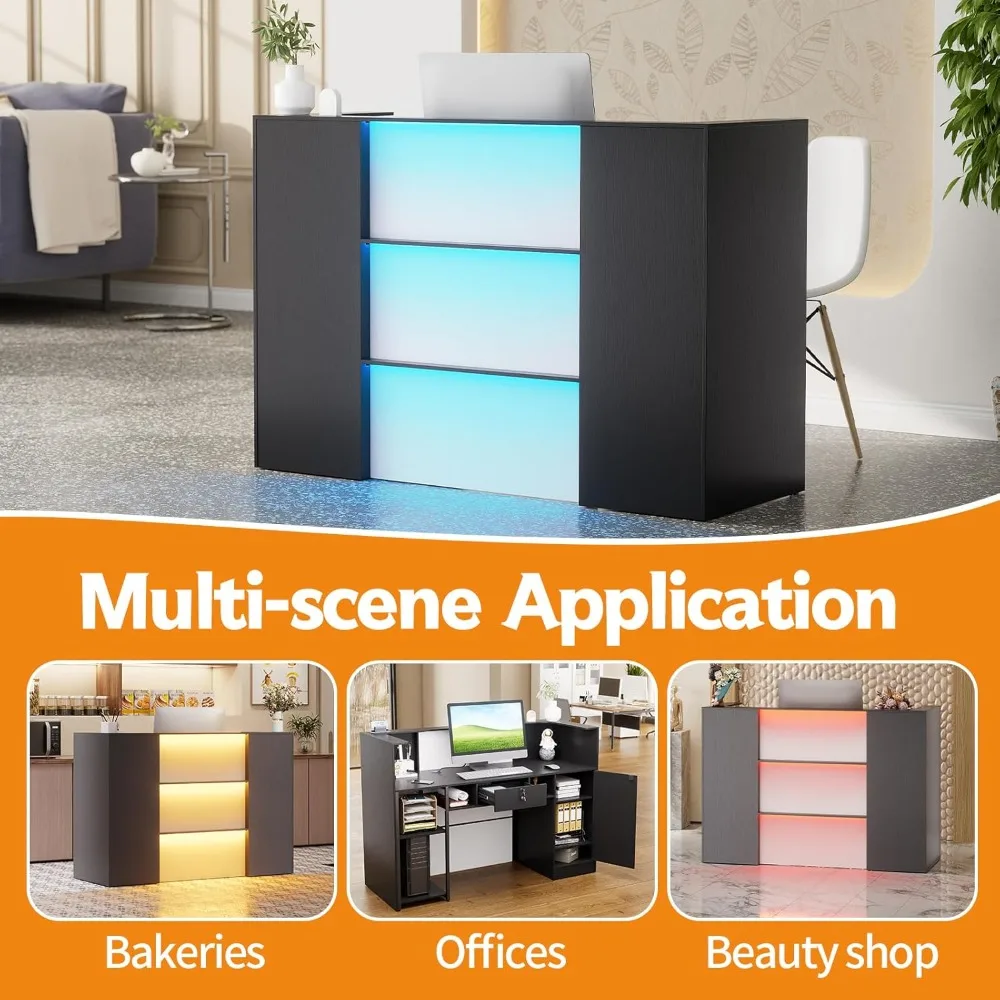 PAKASEPT Modern Reception Desk with LED Lights, 63 Inches Front Counter Table with Lockable Drawer & Shelves, Checkout Counter f