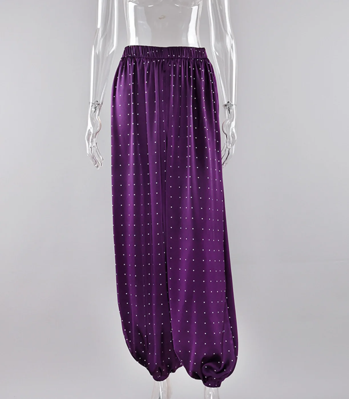 Women Purple Satin White Polka Dot Jogger Pants Elastic High Waist Cuffed Balloon Trousers Elegant Party Loose Harem Pants