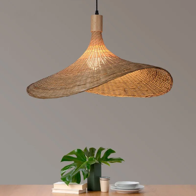 Bamboo Chandelier New Chinese Style Tea Room Rattan Art Southeast Asian Style Lamps Straw Hat Lights Stairs Bamboo Art Lights