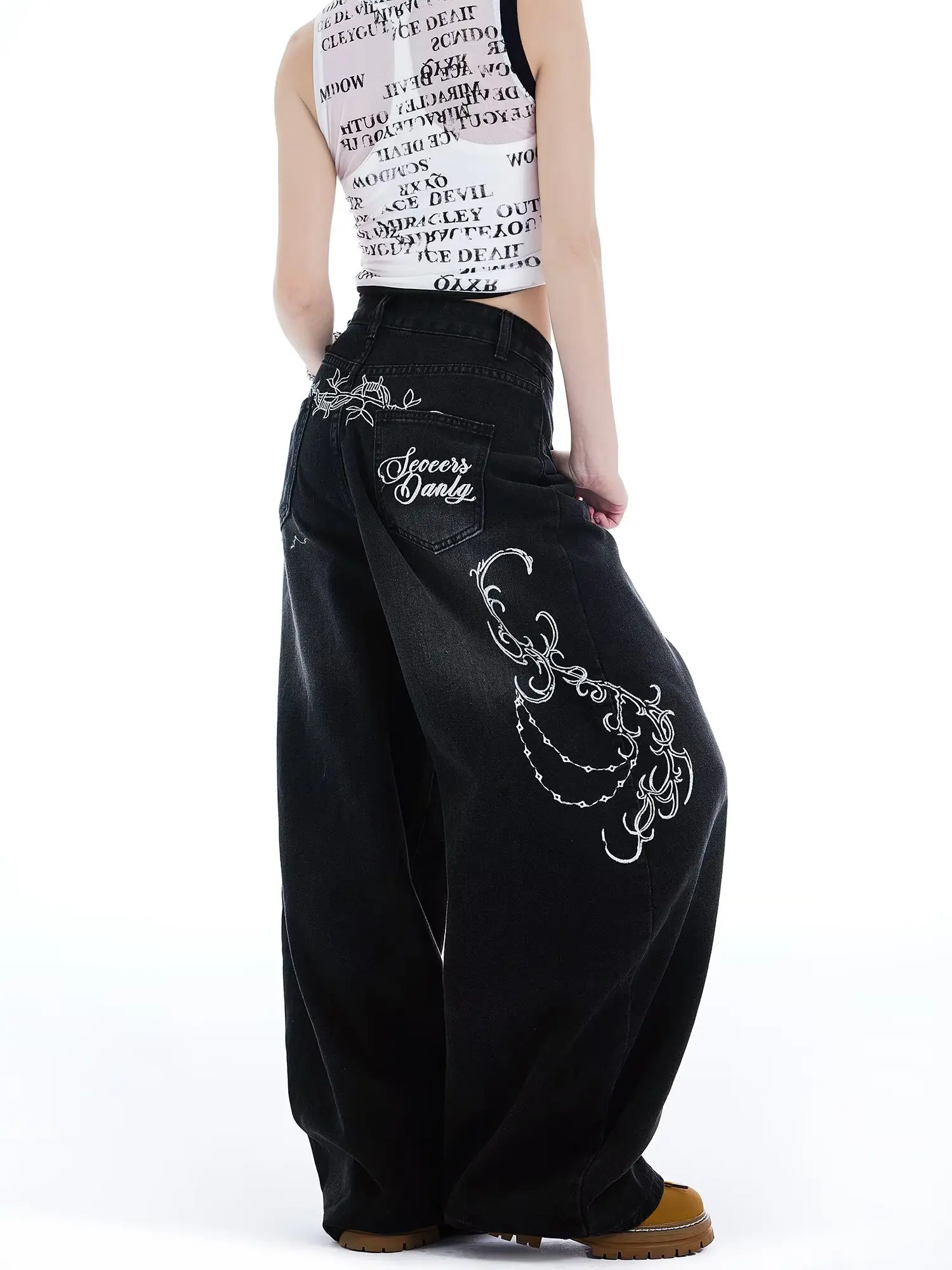 Street Retro American Line Pattern Casual Jeans Women 2025 New Fashion High Waist Loose Wide-leg Jeans Black Y2K Jeans