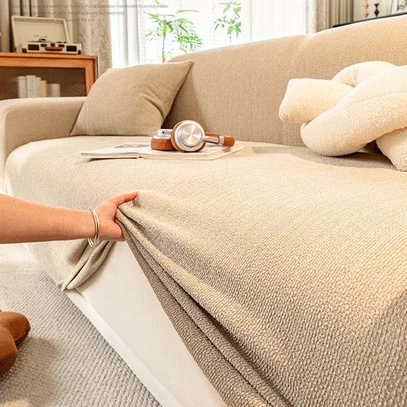 High-End Faux Cotton and Linen Sofa Cover Solid Elastic Anti-Scratch Corner Couch Covers Soft Anti-Stain Stretch Home Decoration