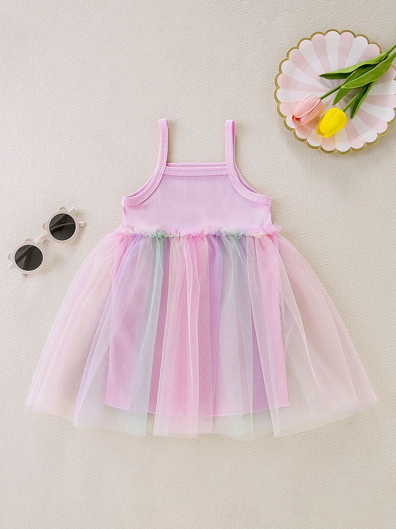 Baby Girl Spring Summer New Arrival Sleeveless Ribbed Dress with Rainbow Tulle Splicing Casual Cute Kids Dress