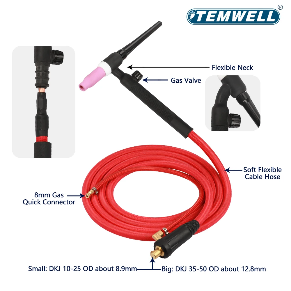 WP17 WP17FV Welder Gun 150A TIG Welding Torch 3m/5m Soft Red Hose Flexible Gas Valve Quick Connector DKJ 10-25 35-50