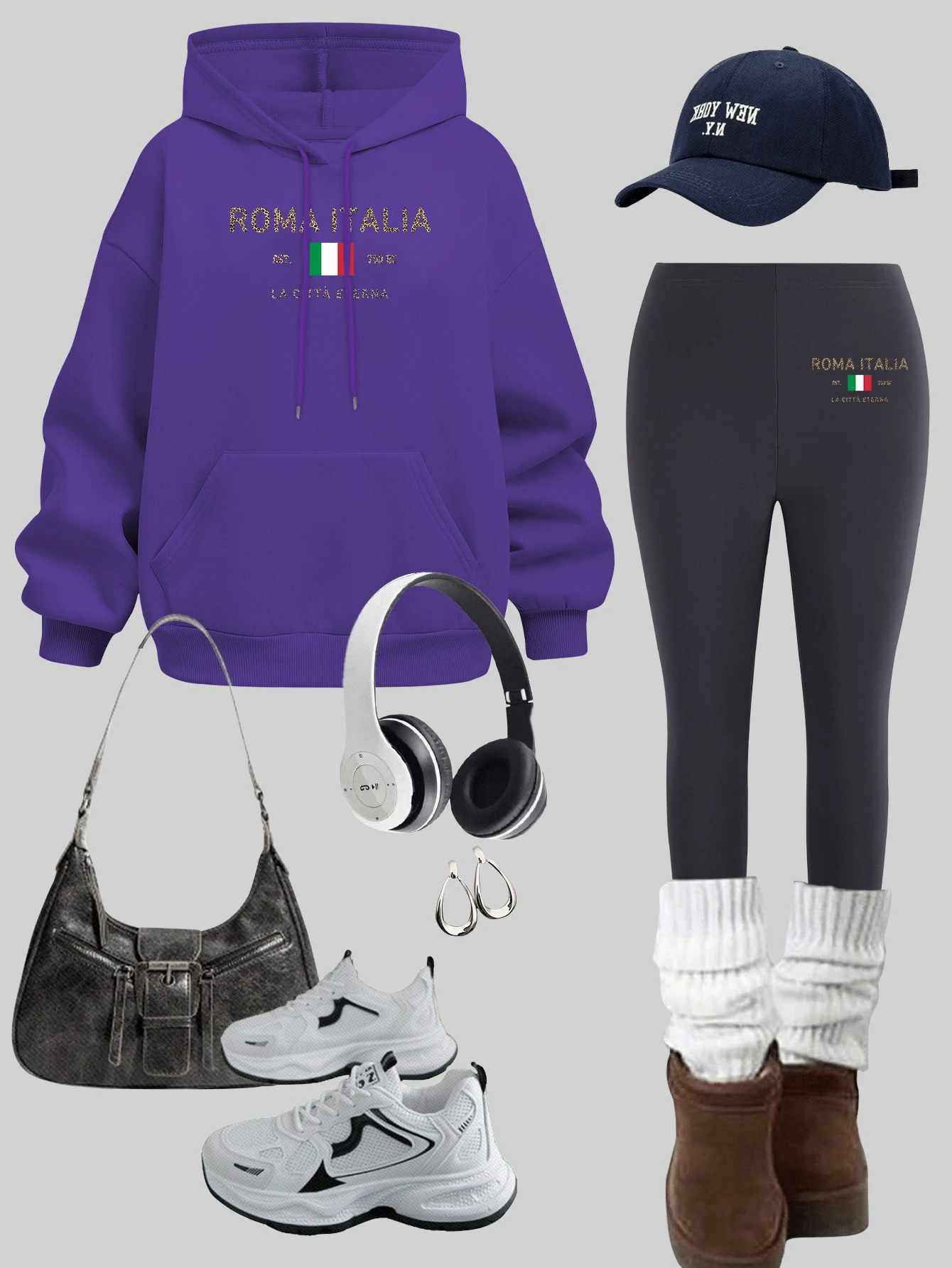 Roma Italia Art Design Woman Hoodies Set Autumn Pocket Sportswear Y2K Fleece Pullover elasticity Thicken Female leggings Sets