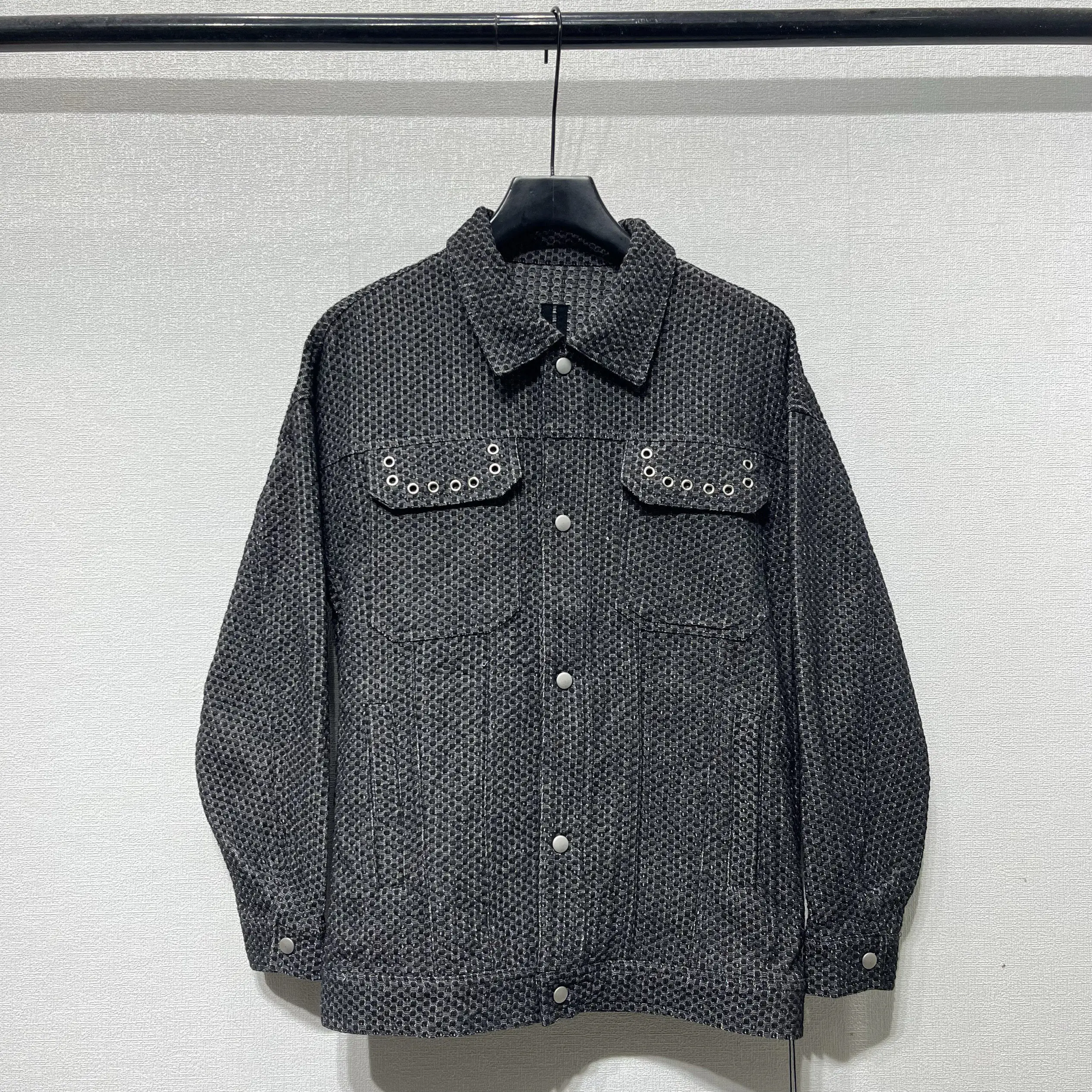 Top Autumn Winter Dark Black R-Style Streetwear Distressed Pocket Rivet Eyelet Mesh Plaid Men's Cardigan Workwear Jacket Coat