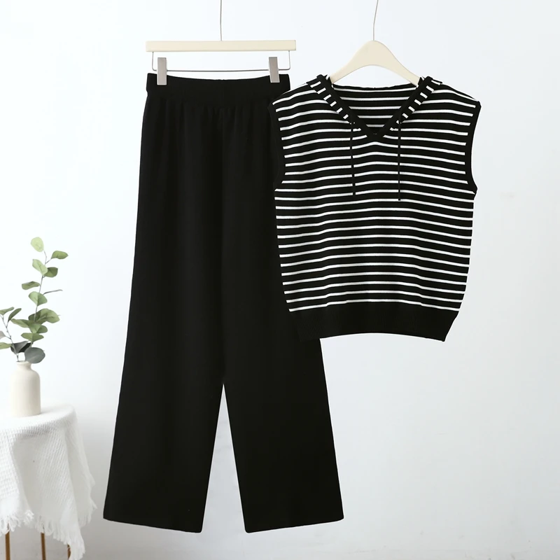 Summer Striped Knit Sleeveless Hooded Tops Sets Women Casual Loose Knitwear Jumper Tank Sweatshirts Suits Wide Leg Pants Outfits