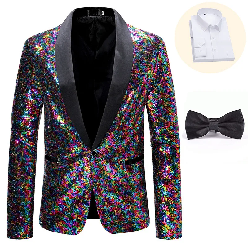 

KIDWHXR Blazer Set Men Contrast Color Sequin Bow Suit Coat Male Turn Down Collar Shirt Man Slim Stage Party Two-piece Outfit