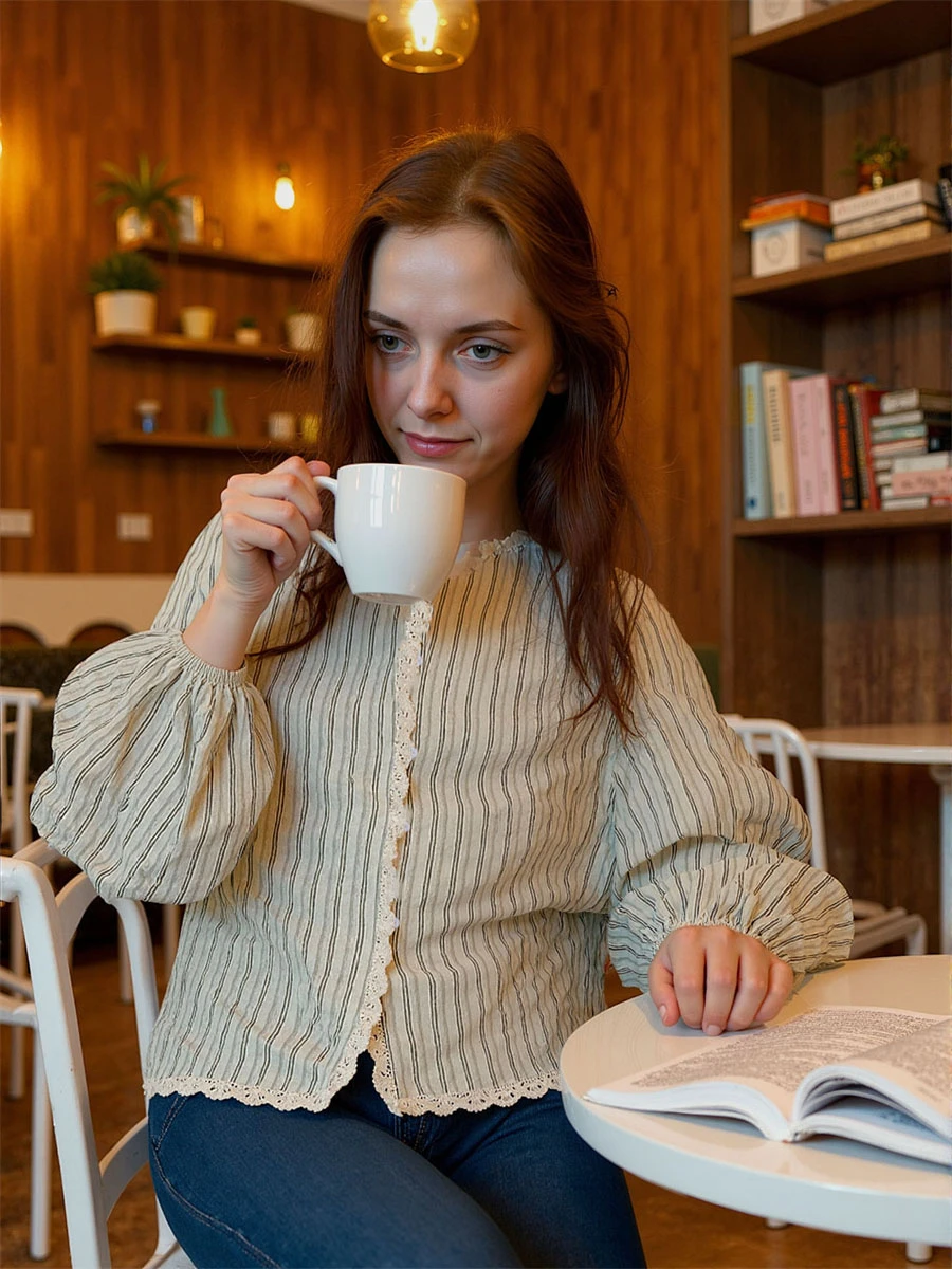 

Chic Shirts Women Lightweight Long Sleeve Blouse with Lantern Sleeves and Lace-Up Neckline for Casual Korean Office Daily Outfit