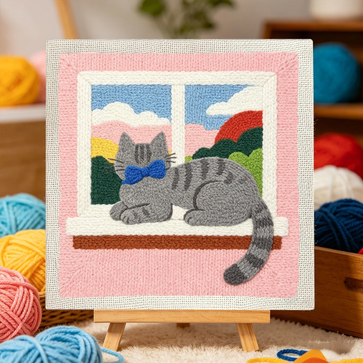 1 Set Katze auf der Fensterbank DIY-Stickset für Anfänger, Stick-Starter-Kit, Kreuzstich-Kunstgeschenk, Handarbeits-Bastelset – Detail 1