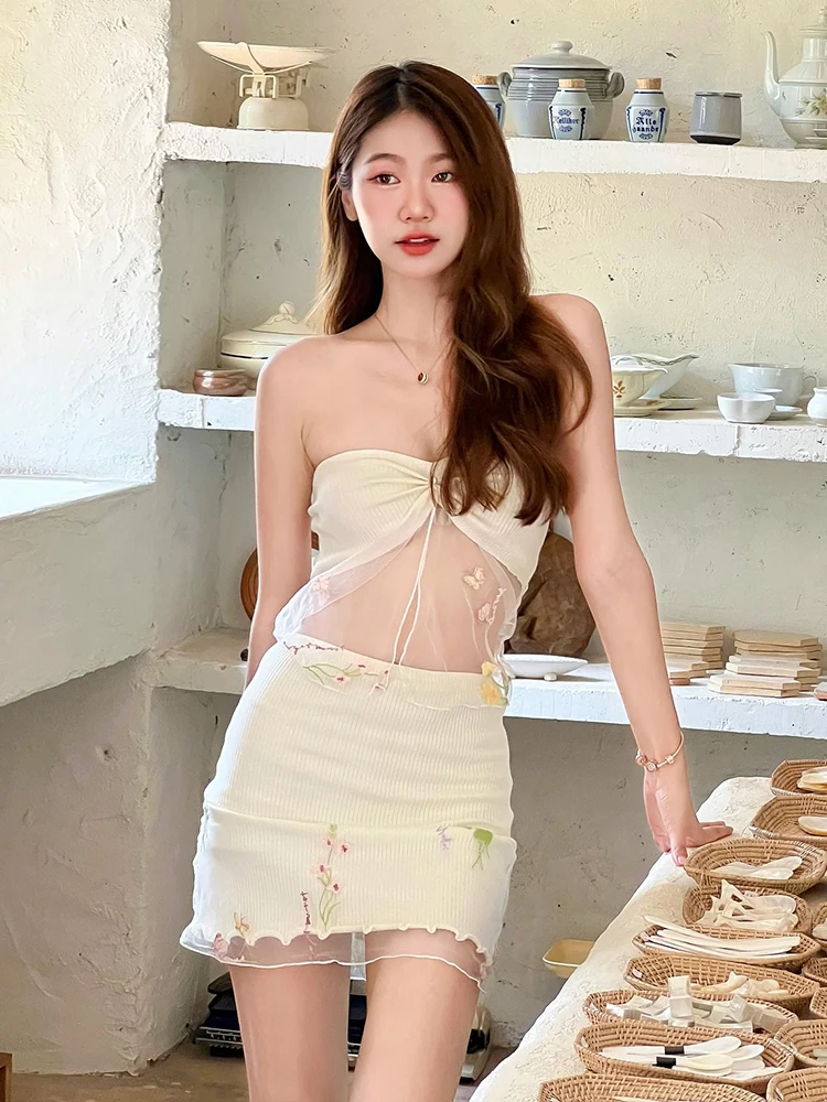 

InGrily Vacation Sweet 2-Piece Set Women Mesh Patchwork Splits Sleeveless Backless Tops+Folds Skirts Beach Party Matching Suits