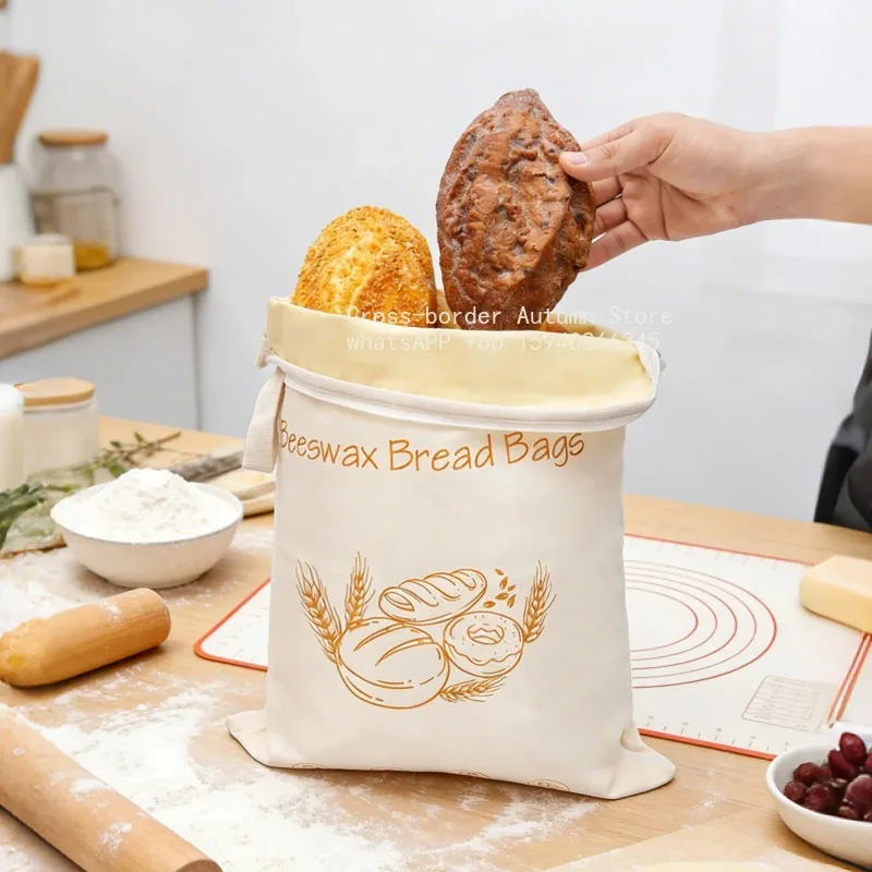 2Pcs Beeswax Bread Bag with L Shaped Zipper Large Capacity Food Storage Bag Cotton Fabric Reusable Kitchen Organizer