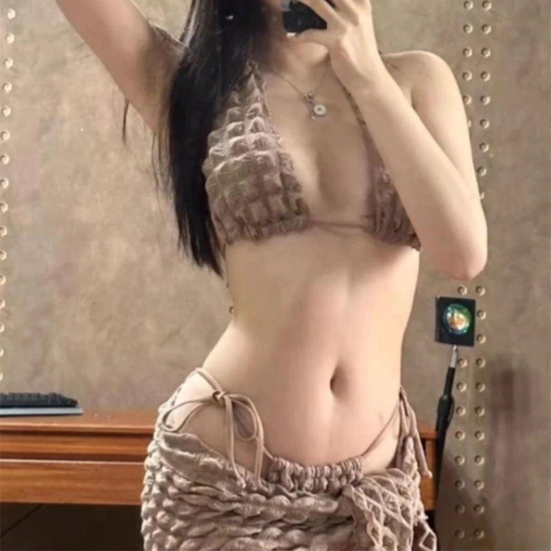 

3 Pieces Solid Coffee Bikini 2024 Women with Beach Skirt Swimwear Female Swimsuit Beachwear Bandage Bathing Swimming Swim Suit