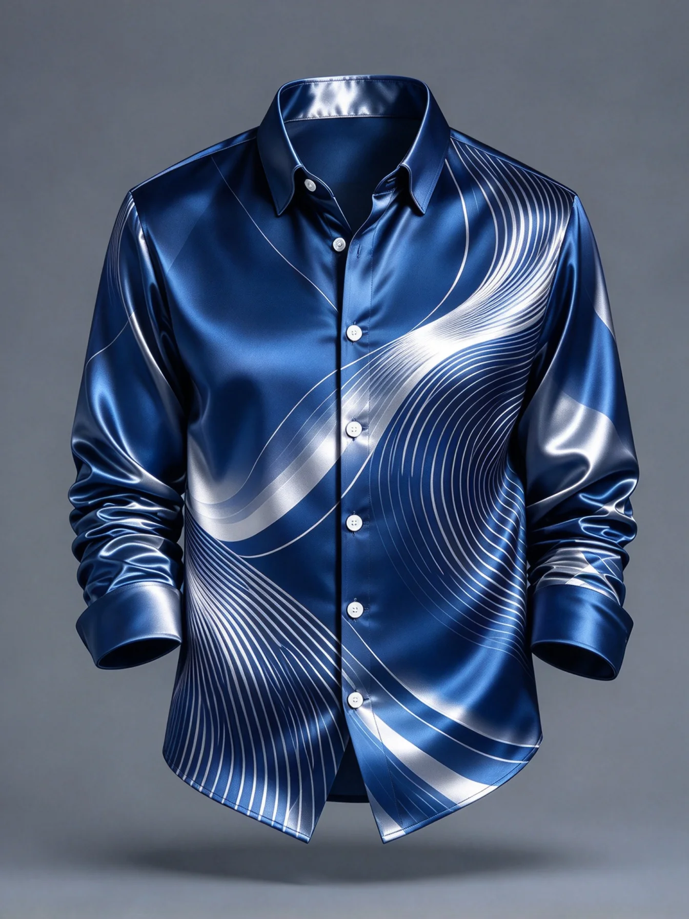 Men Satin Long Sleeve Button Up Shirt Red Black Curve Print Glossy Dress Shirt Party Nightclub Casual Top