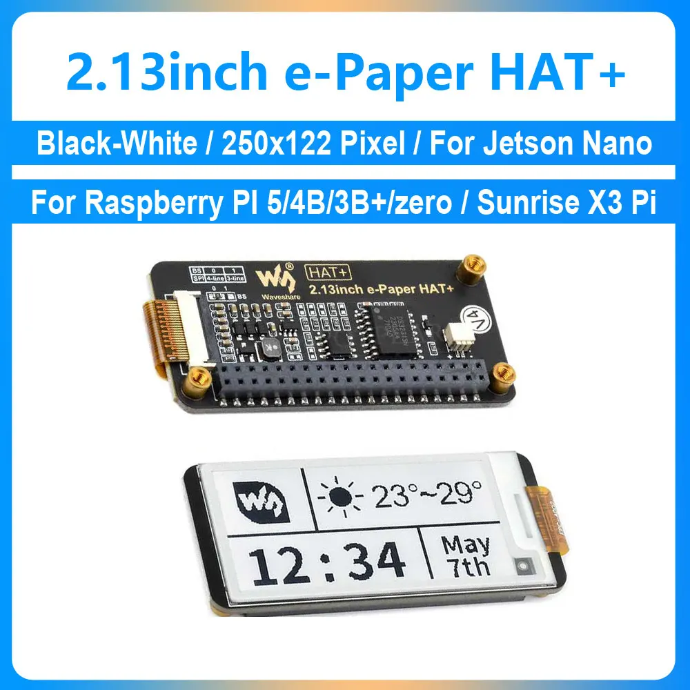 2.13inch e Paper HAT+ Black-White SPI 250x122 pixels E-Ink For Raspberry Pi 5/4B/zero/zero w /Jetson Nano /Sunrise X3 Pi /Pwnago