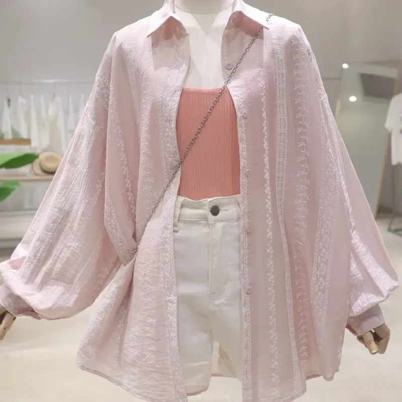 

Elegant Loose Fit Batwing Sleeve Shirt With Embroidery Detail For Women Summer Casual Boho Style Mid Length Top