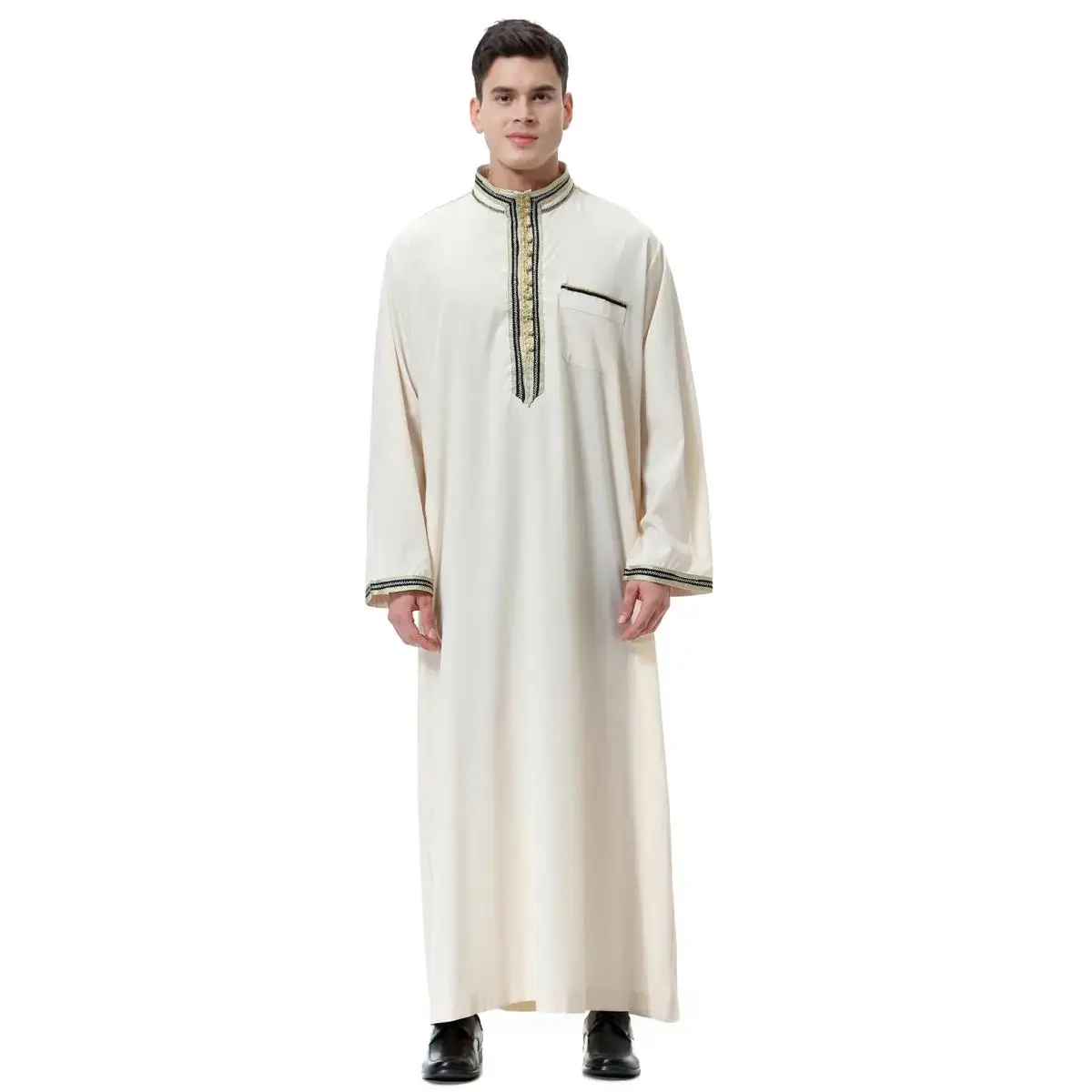 Men Muslim Clothes Solid Color Jubba Thobe Long Sleeve Stand Collar Robes Dubai Middle East Men Islamic Arabic Kaftan Ramadan