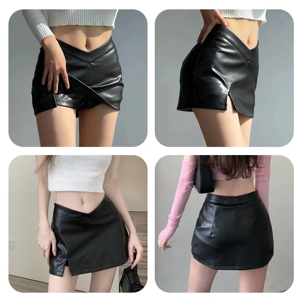 Mini jupe en cuir fendu noir à haute apparence pour femmes, jupes sexy taille haute, fente, streetwe Z8Z5, boîte de nuit, été, nouveau, 256