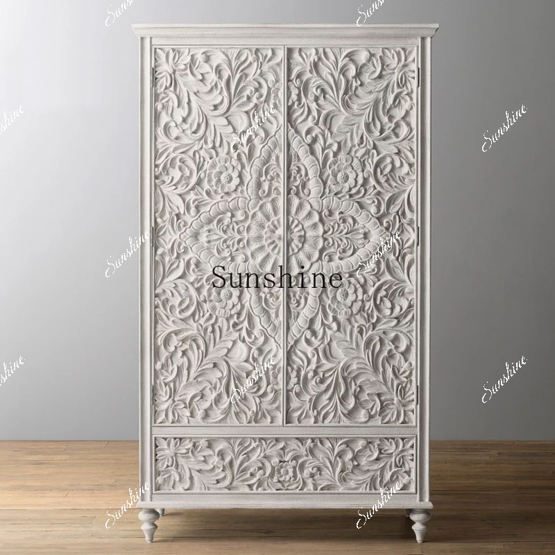 American double door South East Asia style begonia wood carving flower wardrobe  FT