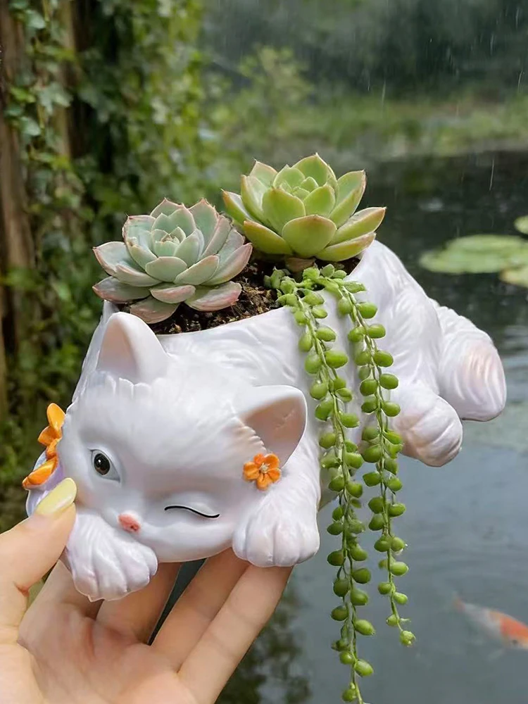 Kreativer Zwinkernder Katzen-Keramiktopf für Sukkulenten Niedlicher Tierförmiger Blumentopf mit Fliege für Heim Garten Balkon Deko Geschenk – Detail 7