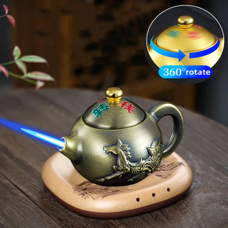 

Windproof Novel Tea Pot Mini Lighter Direct Blue Flame Cigar Turbo Inflatable Butane Portable Lighter Men's Gift