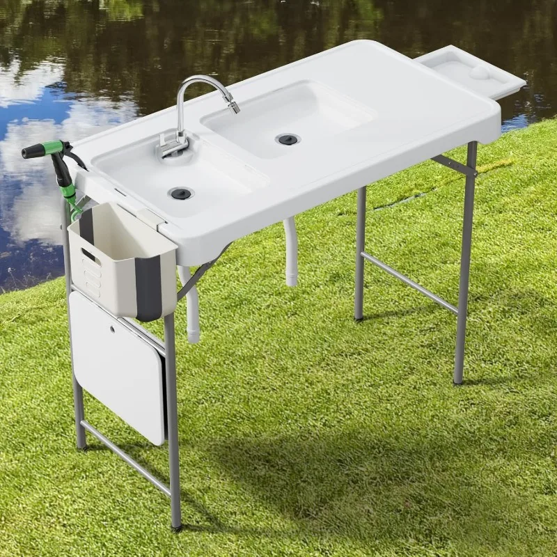 42.6" W Portable Fish Cleaning Table with Double Sink and Folding Design Outdoor Cleaning Station for Camping, Patio