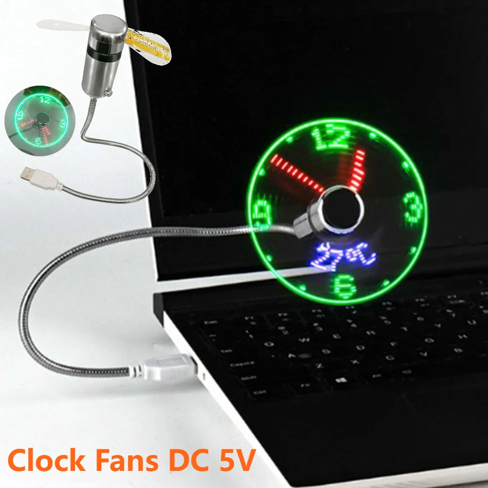 Clock Fans DC 5V Metal Mini Fan Real Time Display LED Clock Fan Portable USB Gadgets Hand Flexible Gooseneck Small Glowing Clock